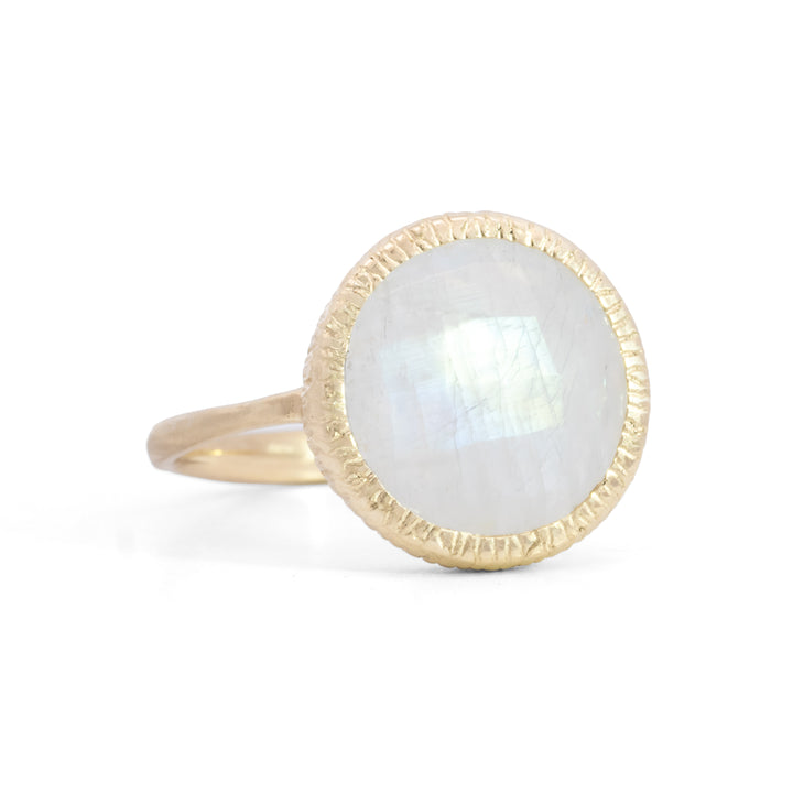 Round Faceted Rainbow Moonstone Ring