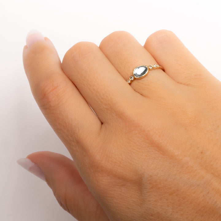 Bezel Set Rose Cut Aquamarine with Side Diamonds Ring