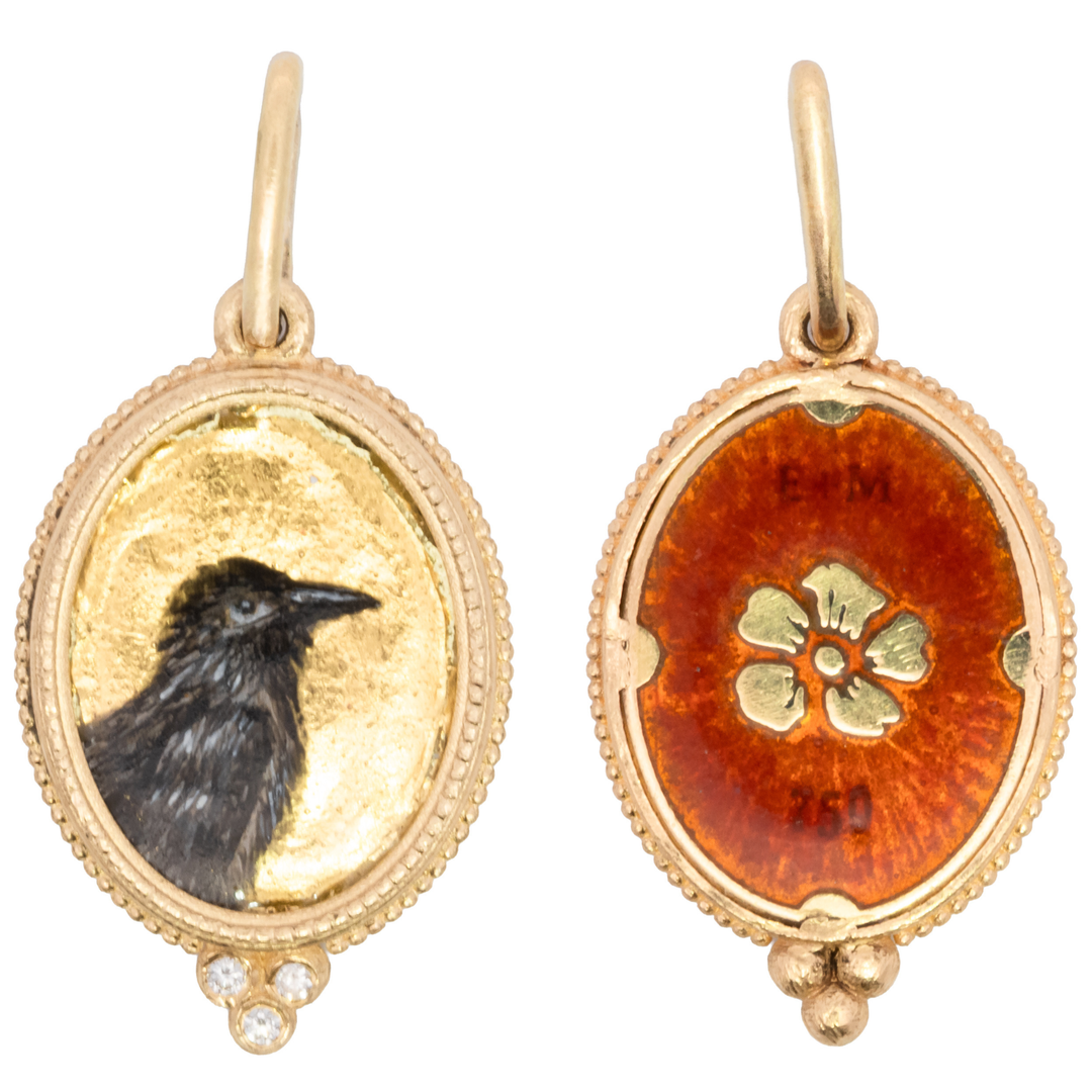 Oval Vitreous Enamel Hand Painted Raven Charm