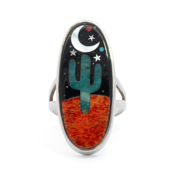 Large Oval Green Turquoise Cactus Night Sky Ring