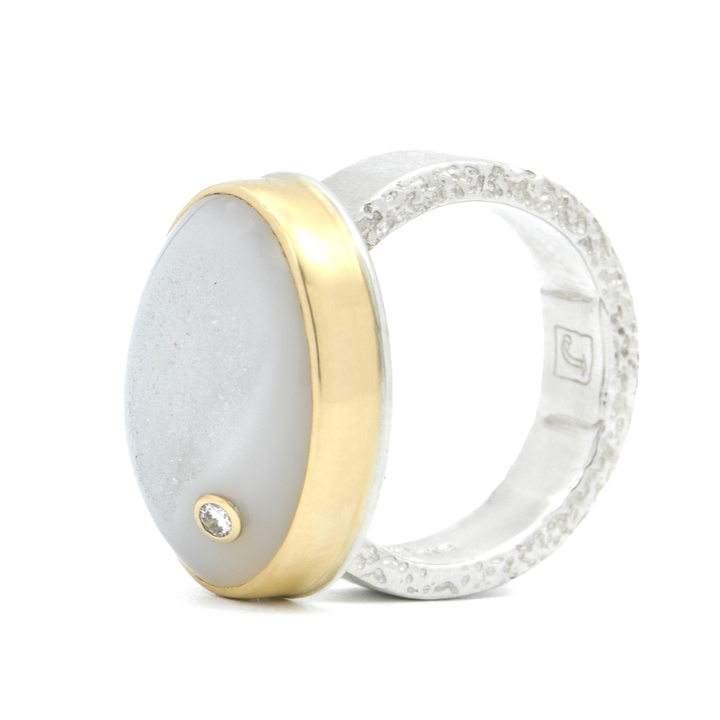 Oval Balinese White Druzy + Diamond Ring