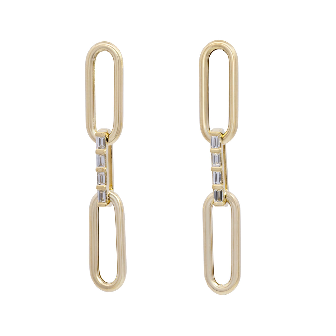 Baguette Diamond Three Paperclip Link Drop Earrings