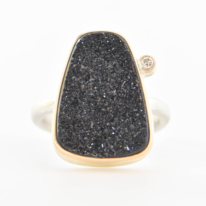 Brazilian Black Druzy with Diamond Ring