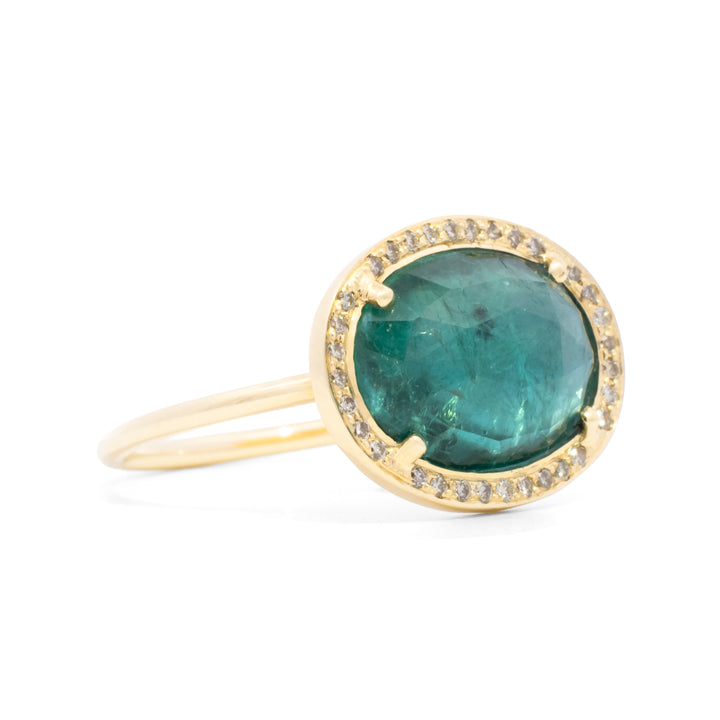 Stella Oval Faceted Emerald with Diamond Halo Ring