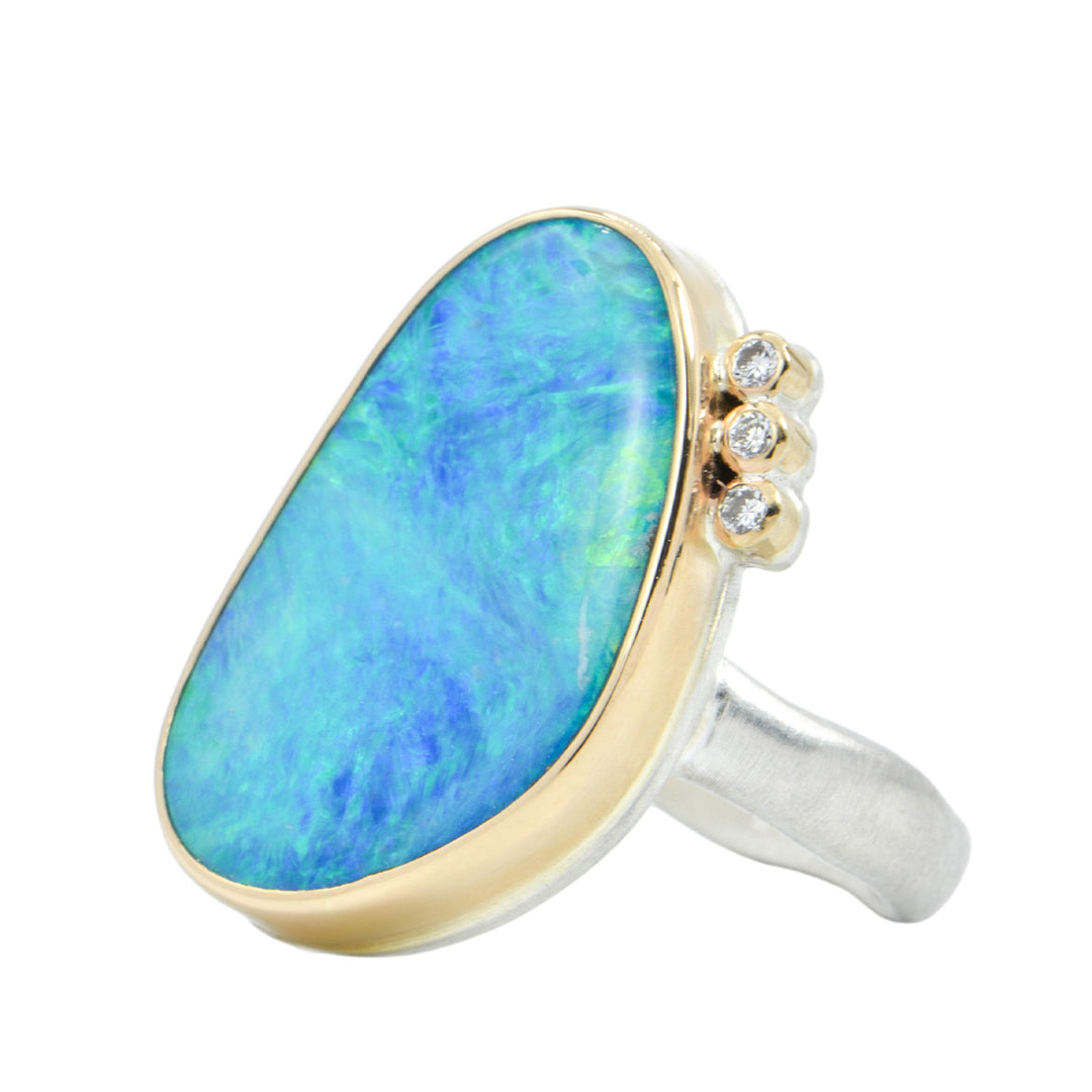 Asymmetrical Australian Opal Ring + 3 Satellite Diamonds