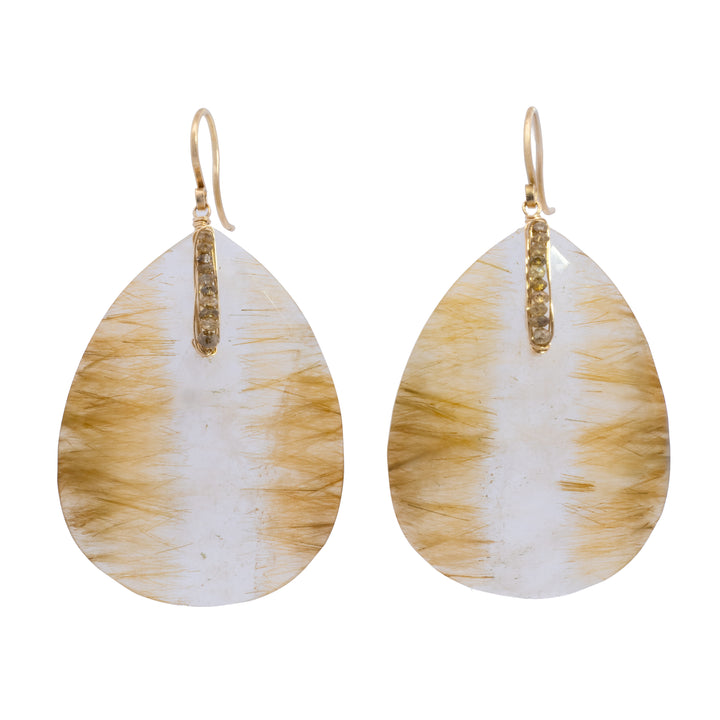 Rutilated Quartz Drop Earrings with Rustic Diamond Accent