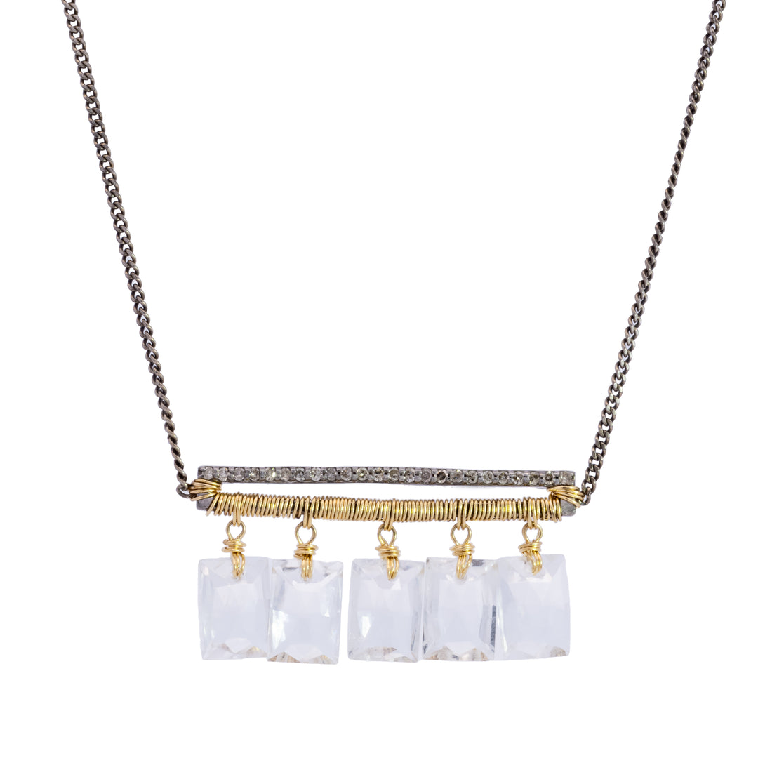 Five White Topaz Drops Diamond Bar Necklace