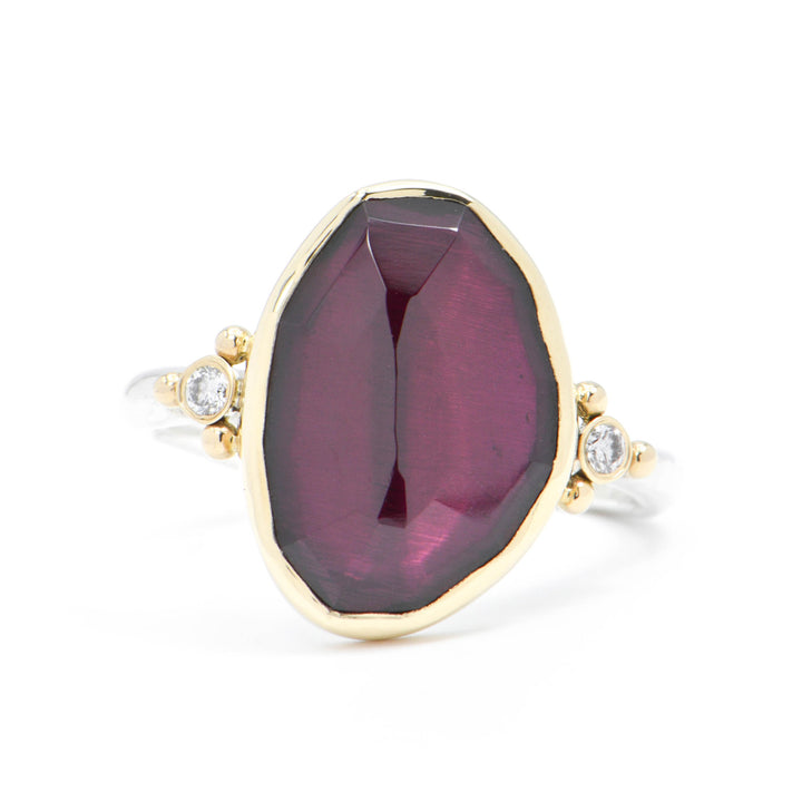 Asymmetrical Rhodolite Garnet & Diamond Ring