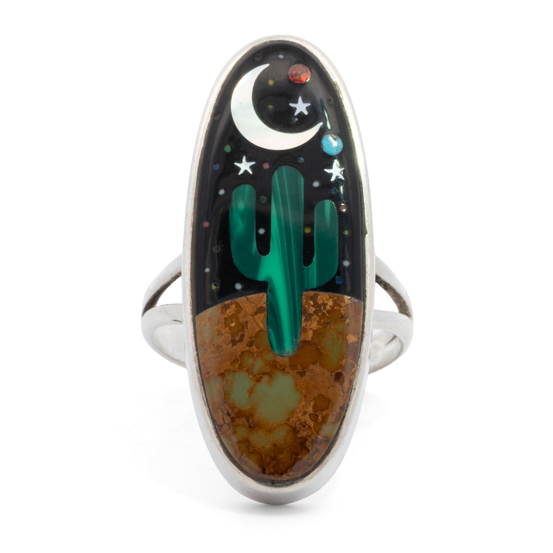 Large Oval Malachite Cactus Night Sky Ring