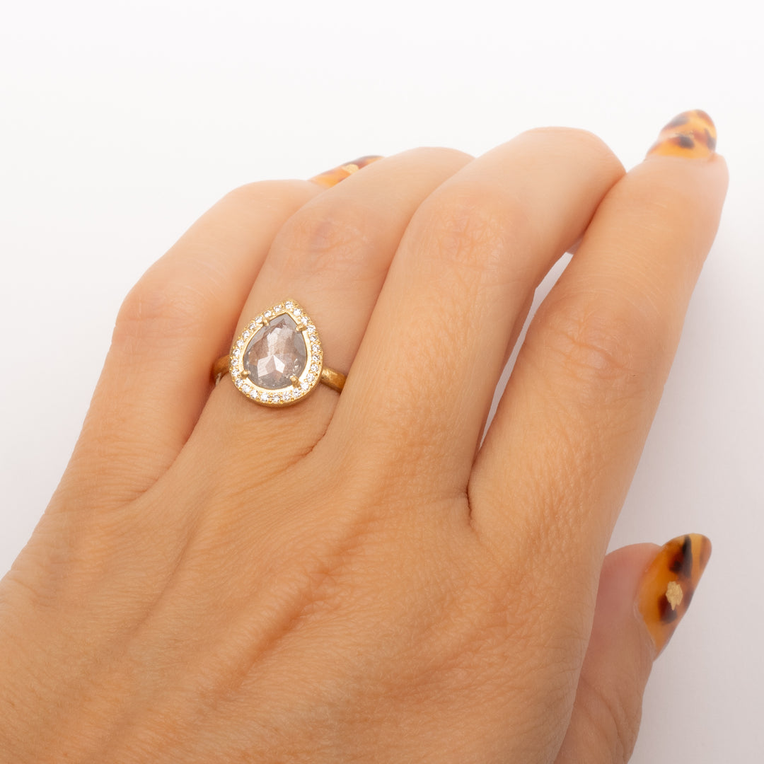 Pear Grey Diamond Halo Ring
