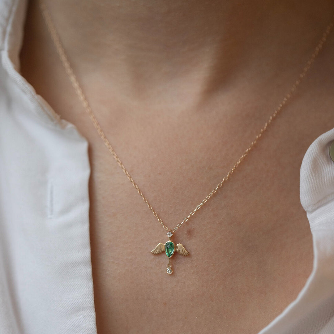 Emerald Pear with Diamond Bird Necklace