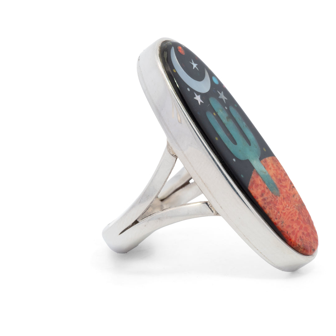 Large Oval Green Turquoise Cactus Night Sky Ring
