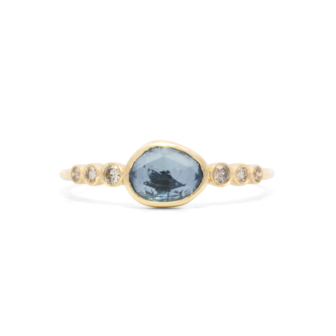 Bezel Set Rose Cut Aquamarine with Side Diamonds Ring