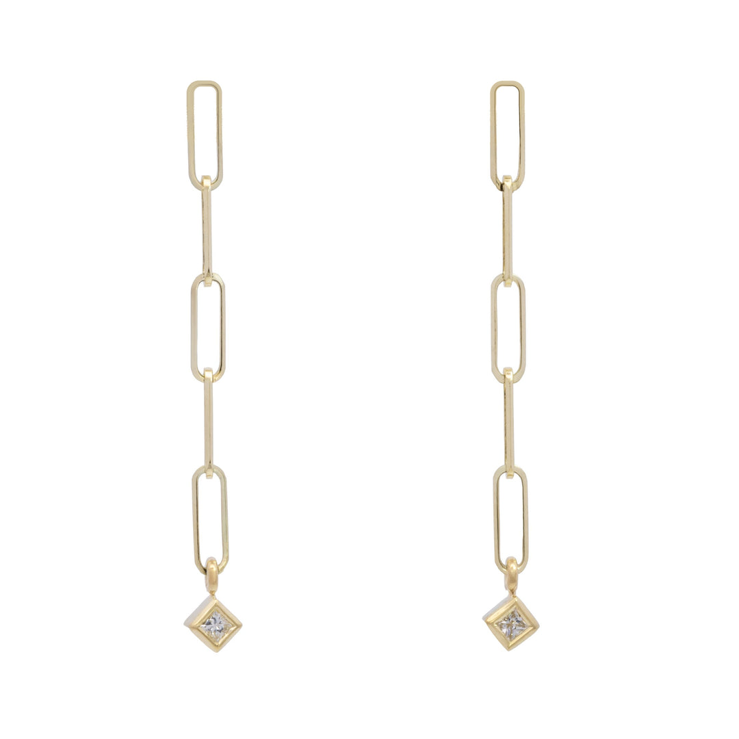 Small Paperclip Chain with Princess Cut Diamond Drop Earrings