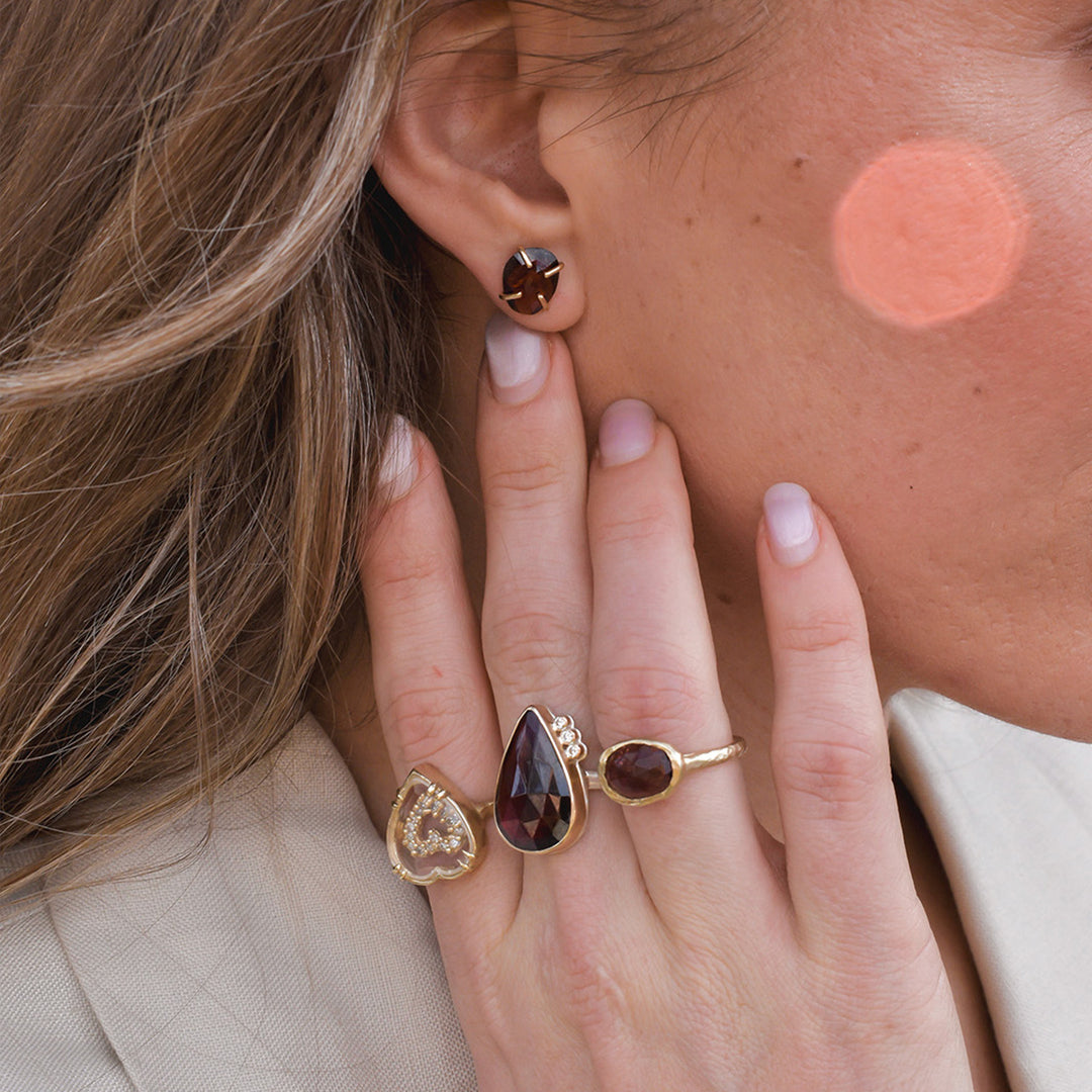 Rose Cut Rhodolite Garnet Triple Satellite Diamond Ring