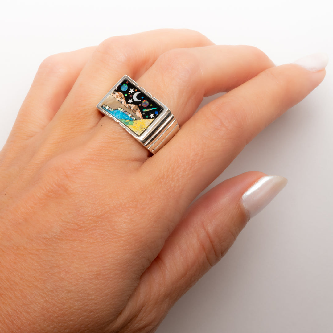 Desert River Night Sky Scene Rectangular Signet Ring
