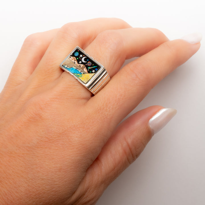 Desert River Night Sky Scene Rectangular Signet Ring