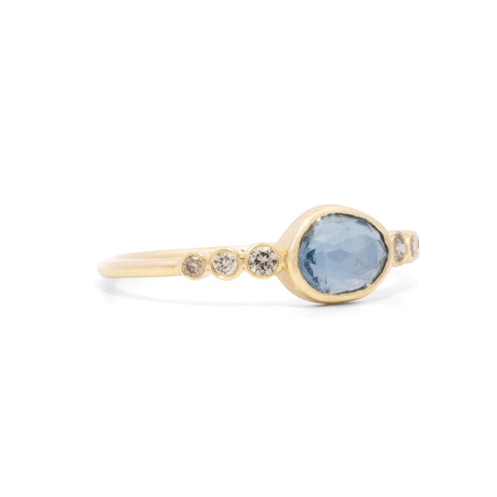 Bezel Set Rose Cut Aquamarine with Side Diamonds Ring