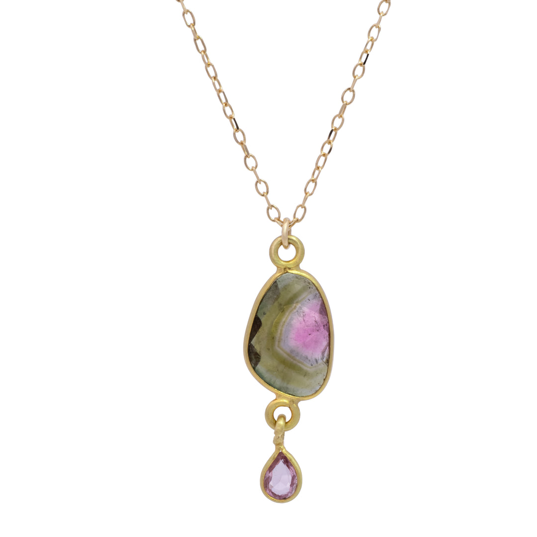 Watermelon Tourmaline with Sapphire Drop Necklace