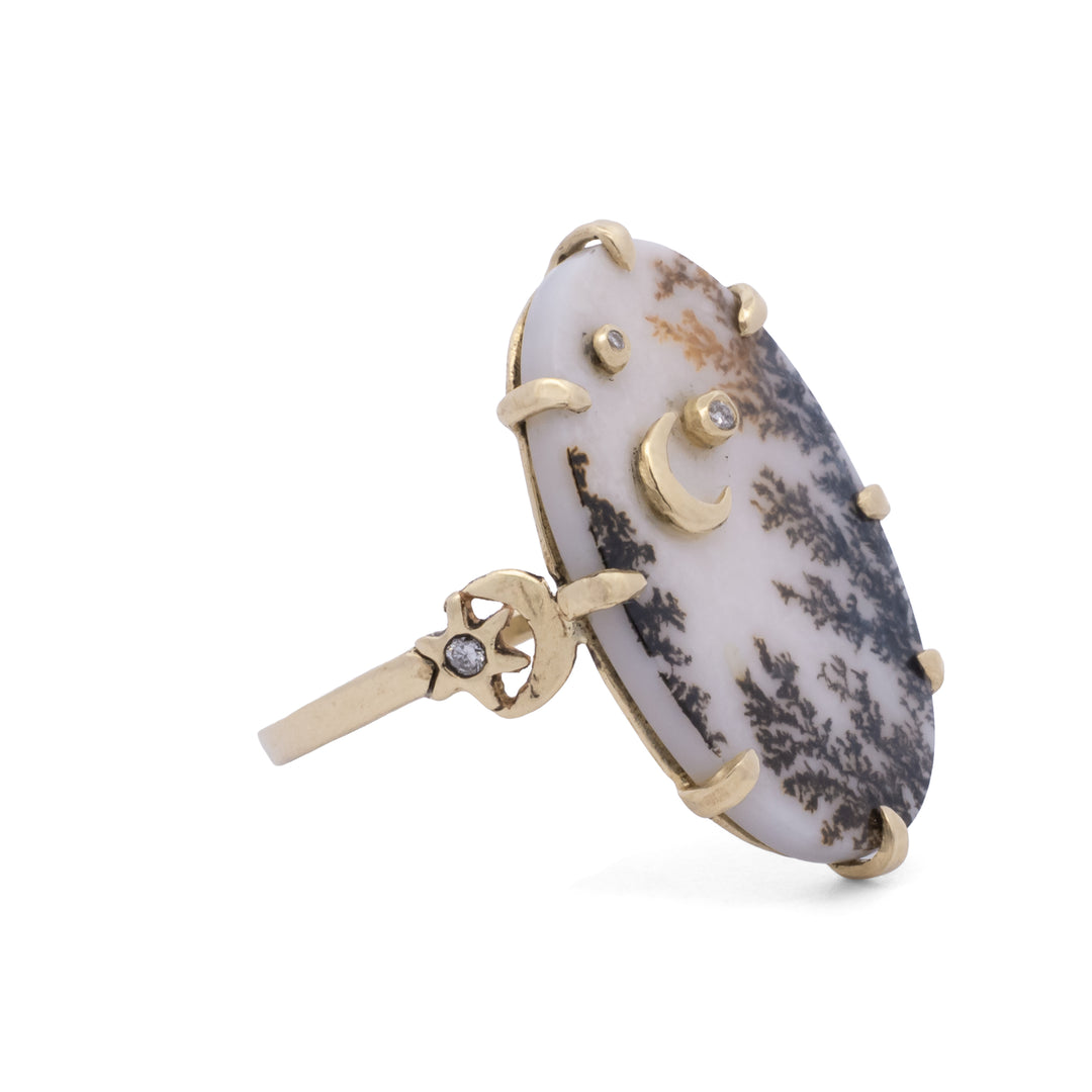 Dendritic Agate Crescent Moon Ring