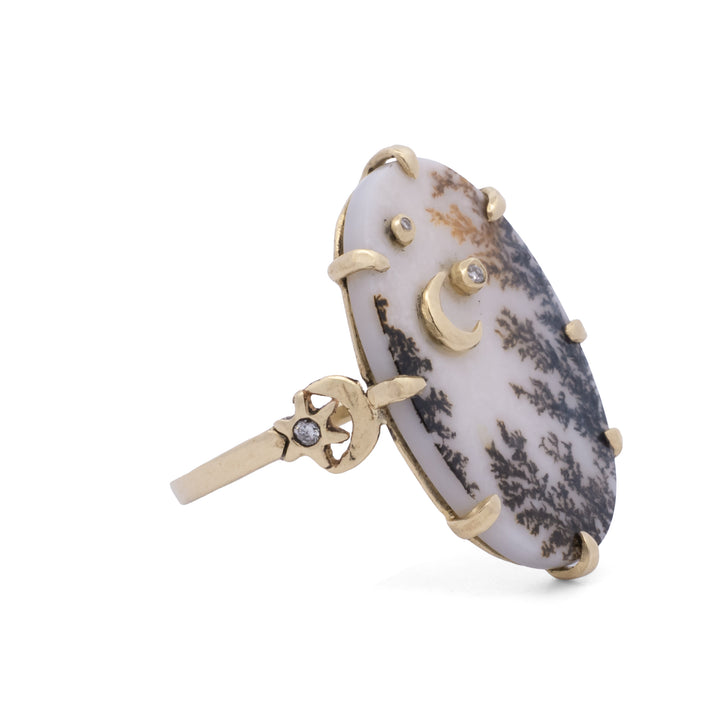 Dendritic Agate Crescent Moon Ring