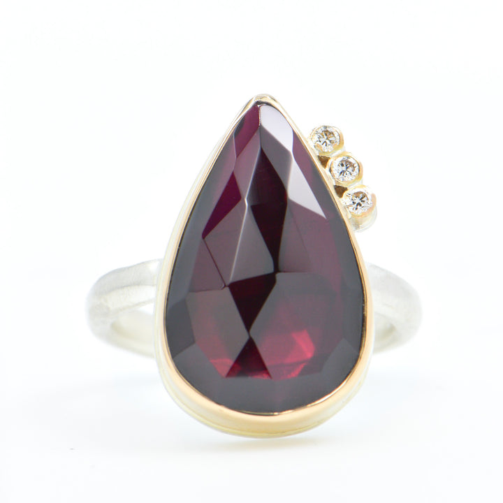 Rose Cut Rhodolite Garnet Triple Satellite Diamond Ring