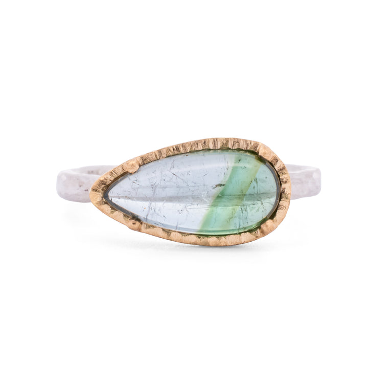 Bi-Colored Tourmaline Elongated Horizontal Pear Ring