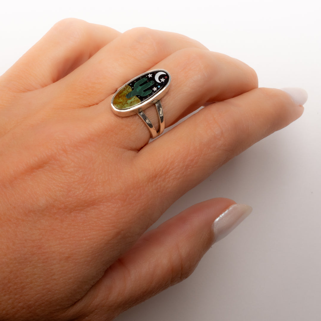 Small Oval Cactus Night Sky Inlay Ring