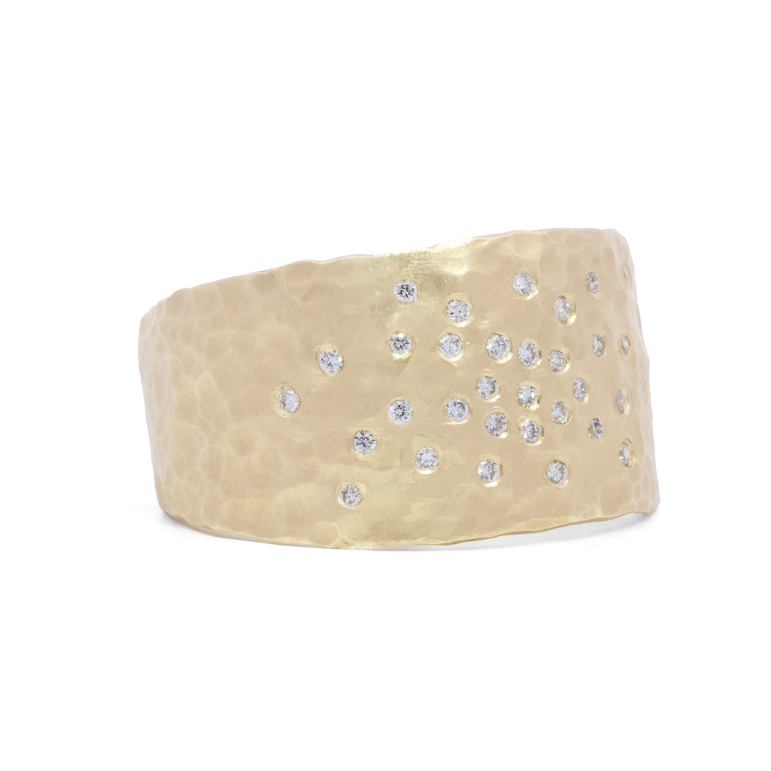 Wide Hammered Band with Scattered Diamonds
