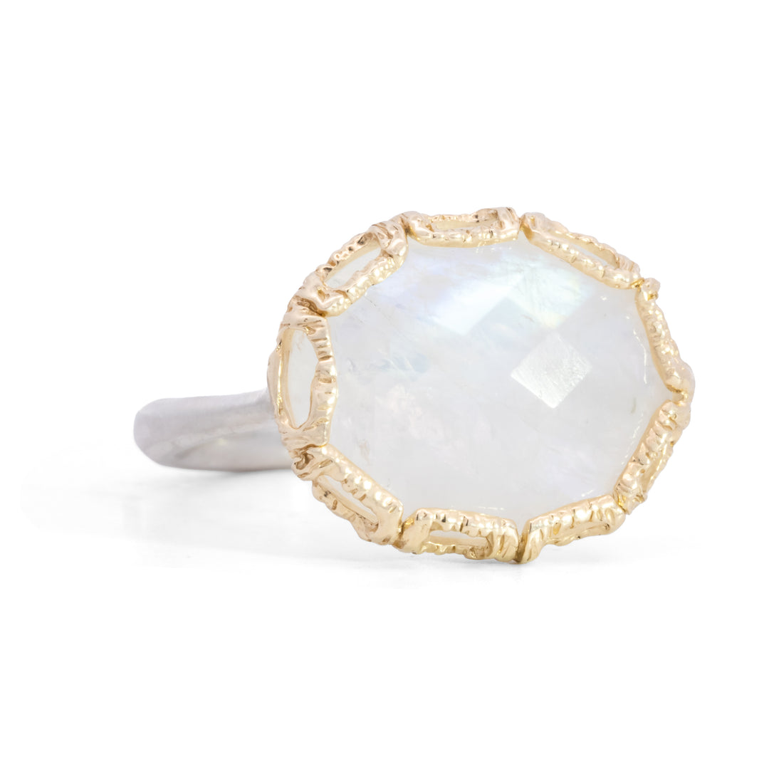 Oval Faceted Rainbow Moonstone Ring