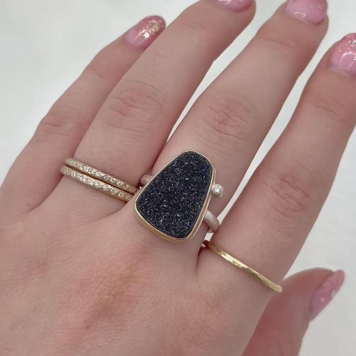 Brazilian Black Druzy with Diamond Ring