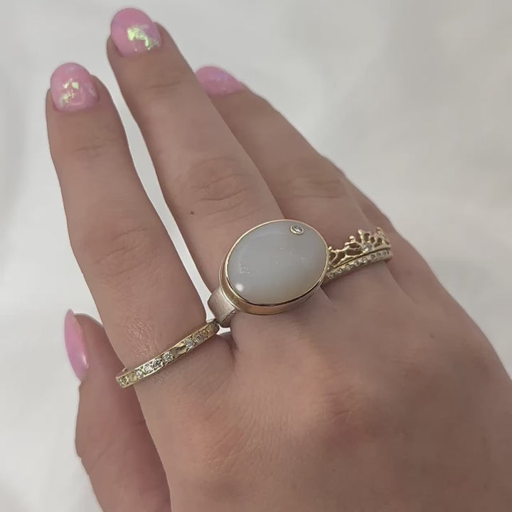 Oval Balinese White Druzy + Diamond Ring