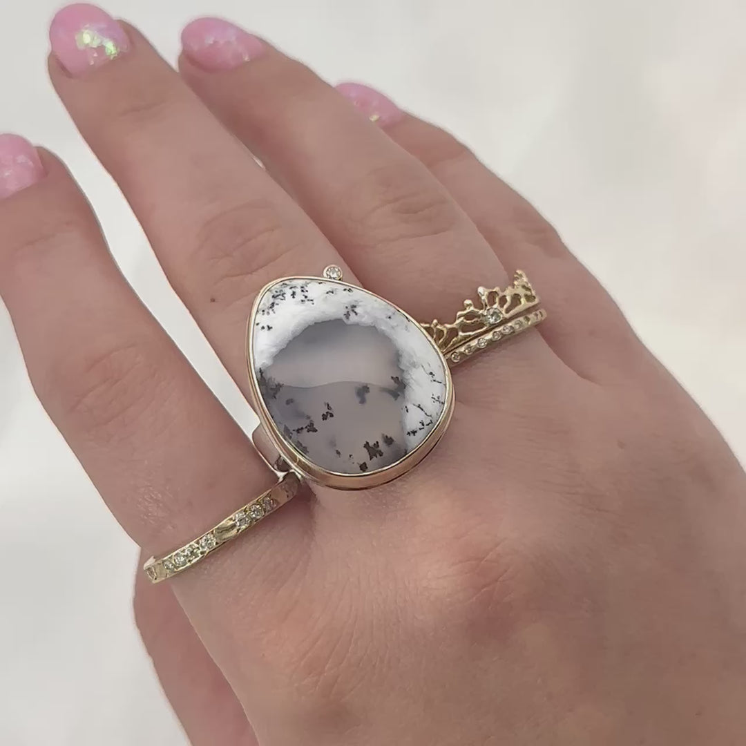 Teardrop Dendritic Opal + Satellite Diamond Ring