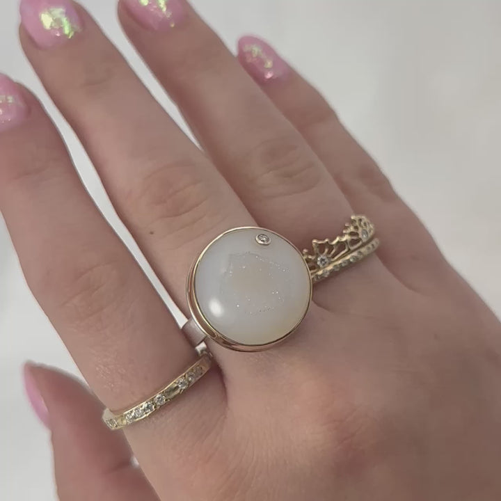 Round White Druzy + Diamond Ring