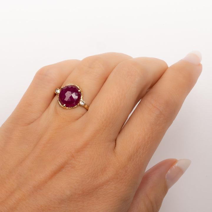 Round Faceted Ruby with Diamond Ring