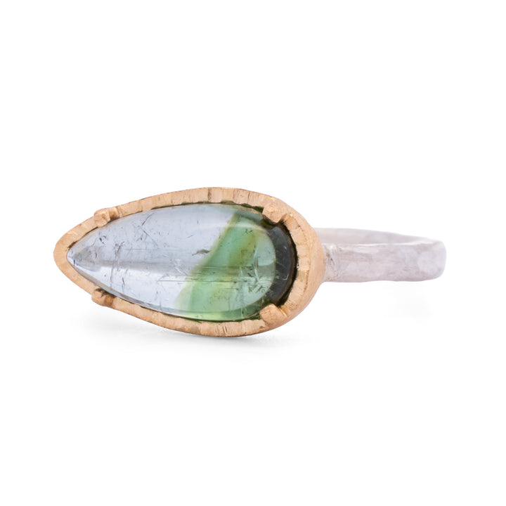 Bi-Colored Tourmaline Elongated Horizontal Pear Ring