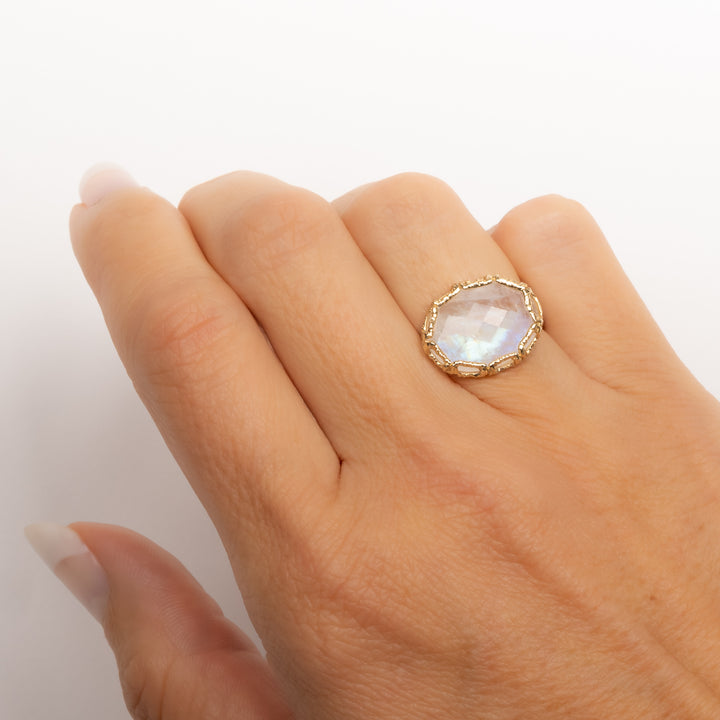 Oval Faceted Rainbow Moonstone Ring