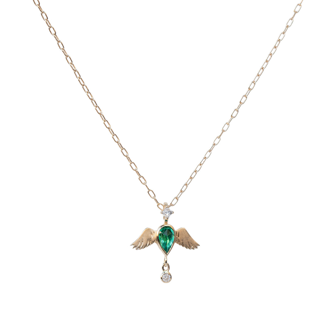 Emerald Pear with Diamond Bird Necklace