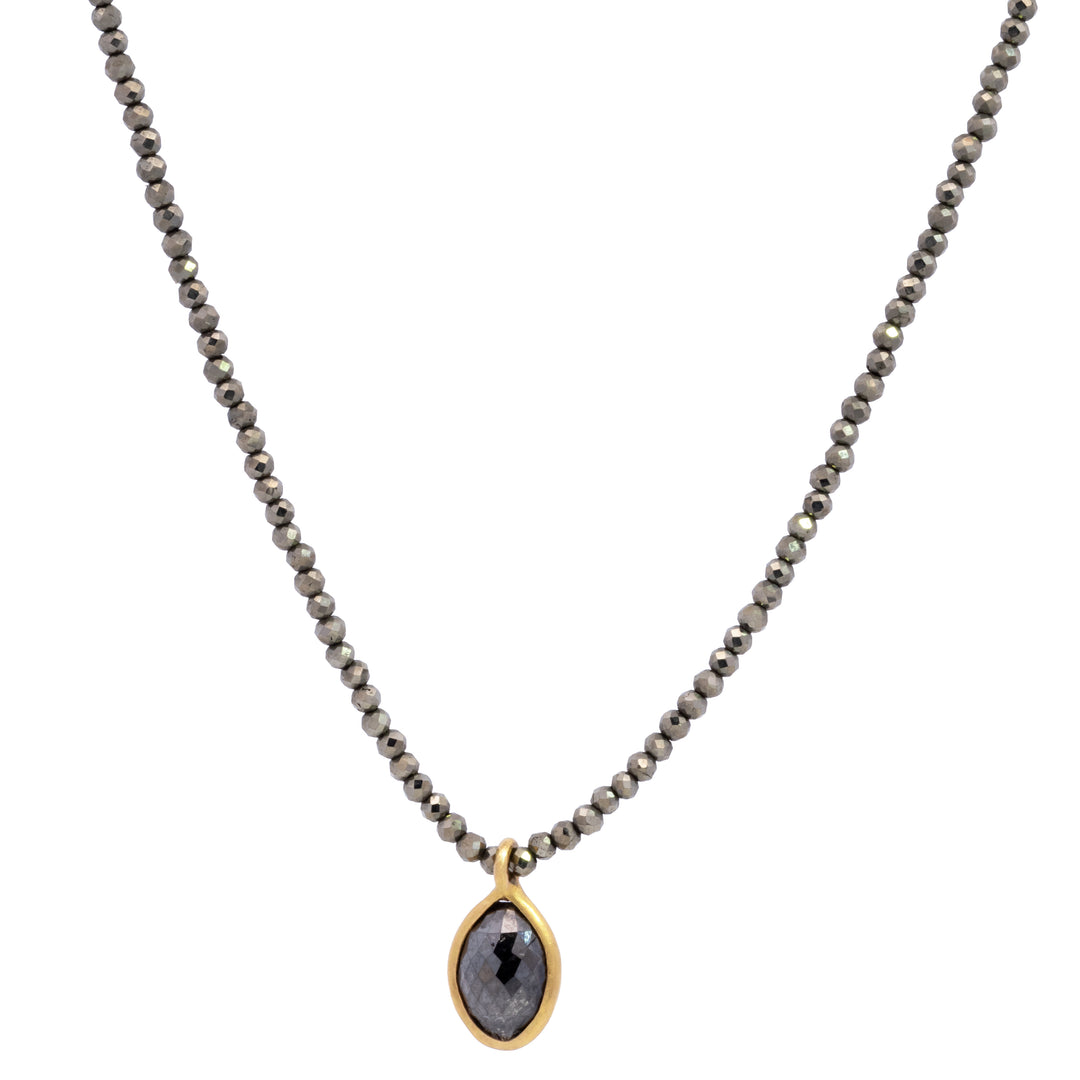 Pyrite with Bezel Set Black Diamond Beaded Necklace