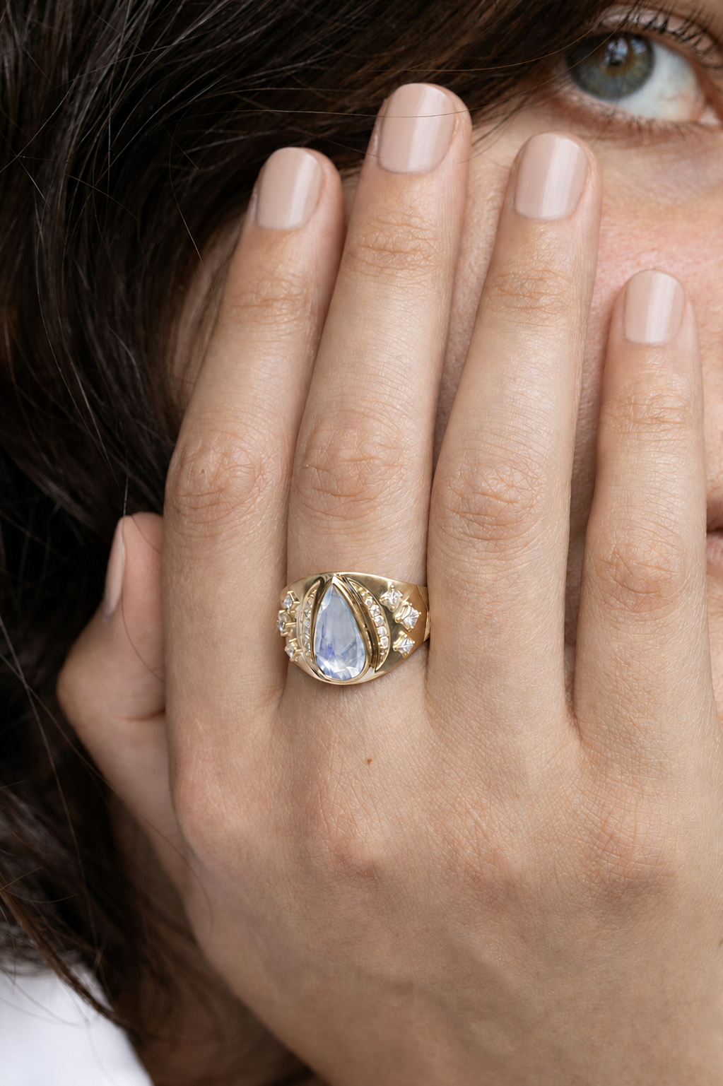 Pear Shaped Moonstone Crescent Moon & Stars Signet Ring