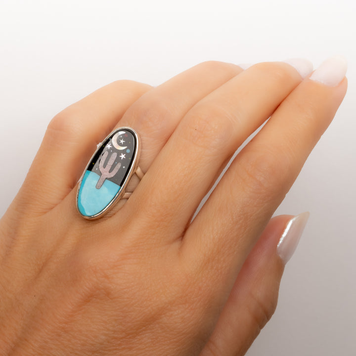 Medium Oval Cactus Night Sky Inlay Ring