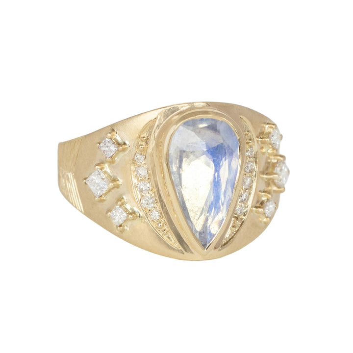 Pear Shaped Moonstone Crescent Moon & Stars Signet Ring