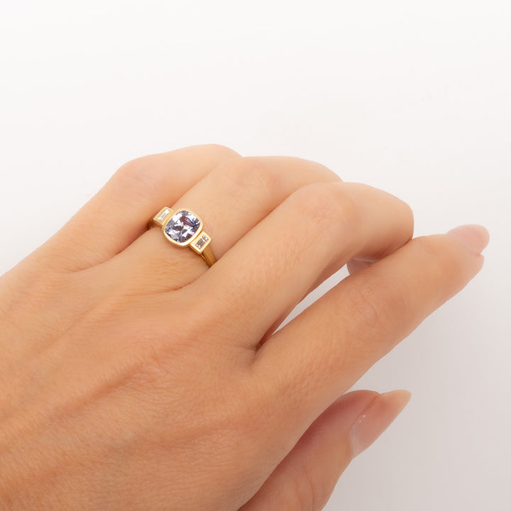 Lavender Spinel & Diamond Three Stone Bezel Ring