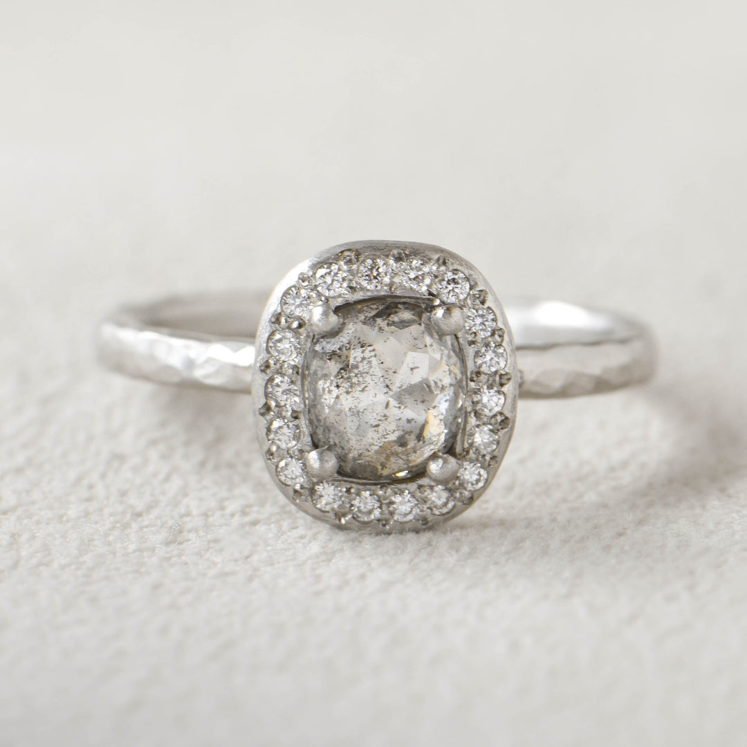 Trunk Show Salt &amp; Pepper Rose Cut Square Diamond Ring with Halo