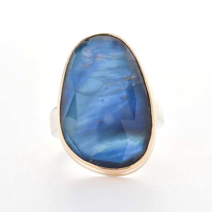 Asymmetrical Blue Rainbow Moonstone Ring