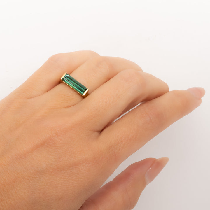 Narrow Baguette Green Tourmaline Half Bezel Ring