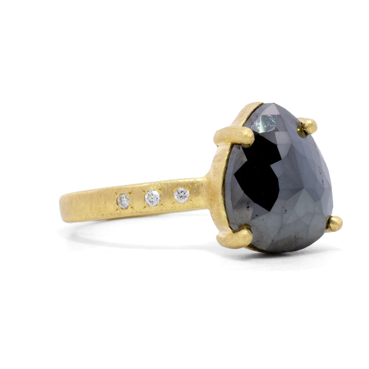 Prong Set Pear Shaped Black Diamond Ring