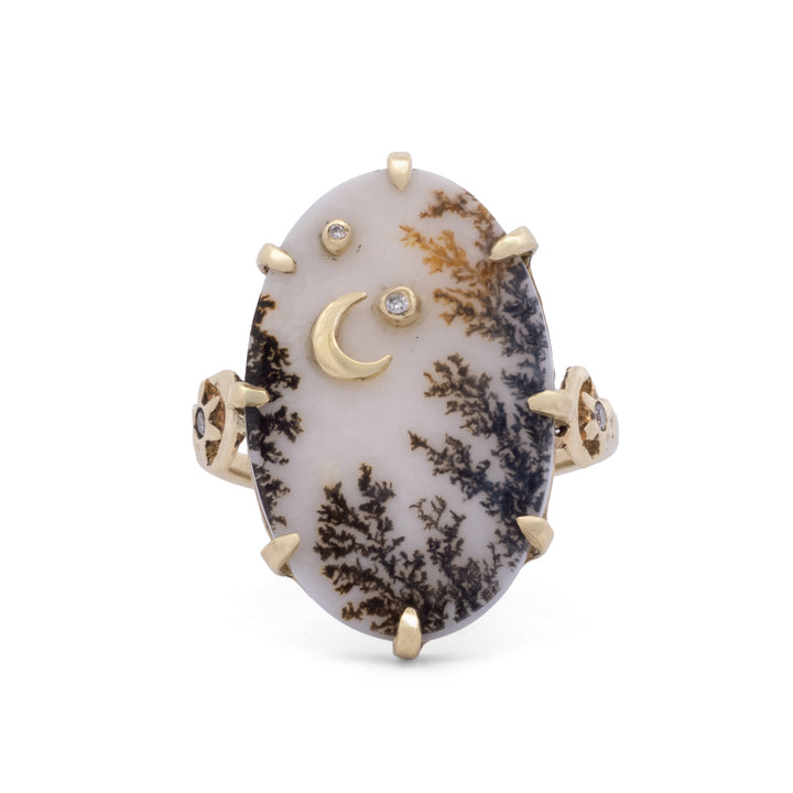 Dendritic Agate Crescent Moon Ring