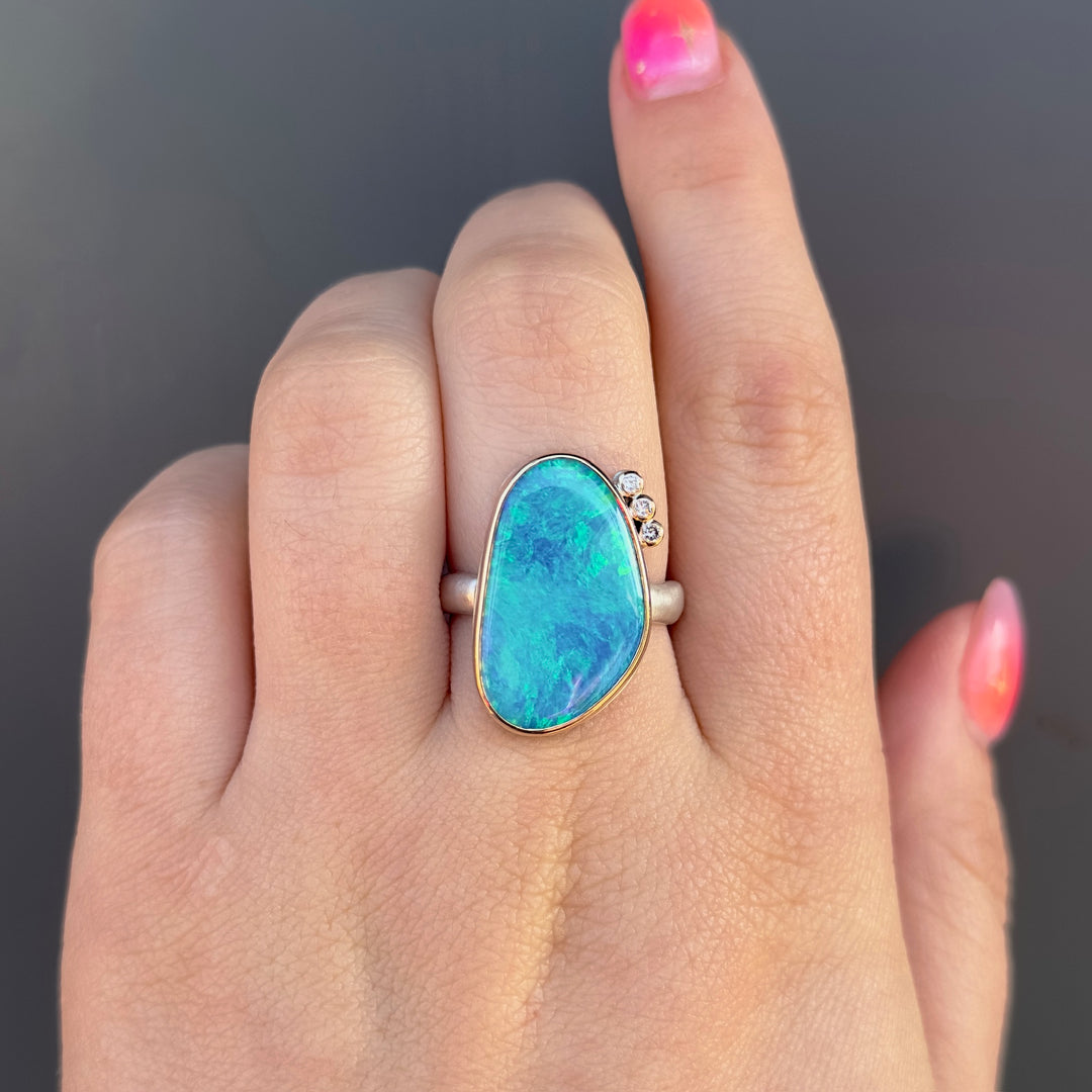 Asymmetrical Australian Opal Ring + 3 Satellite Diamonds