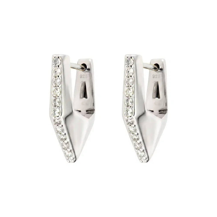 Geometric Diamond V Silver Hoop Earrings
